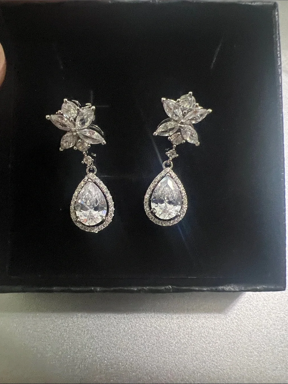 Classic Silver Crystal Teardrop Drop Earrings - White
